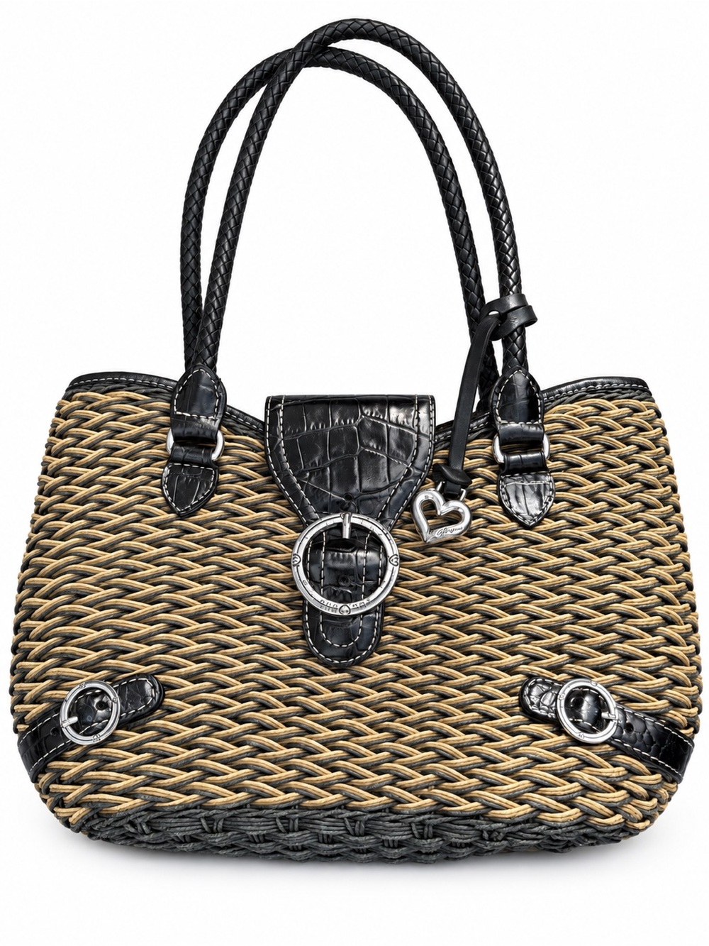 Brighton Straw Shoulder Bag Tan Black Braided Handles Heart Charm
